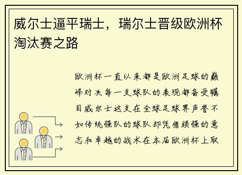 威尔士逼平瑞士，瑞尔士晋级欧洲杯淘汰赛之路